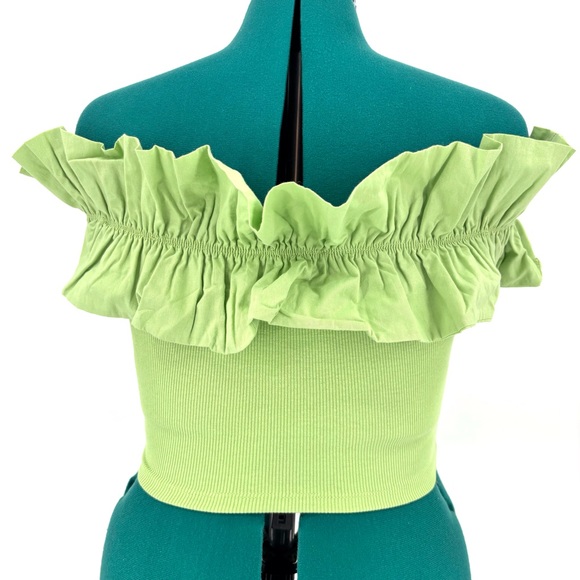 Zara NWT Pear Green Ruffled Off-the-Shoulder Ribbed Crop Top, Medium - Picture 9 of 15